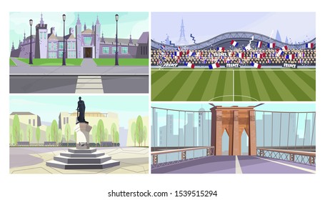 Landmarks vector illustration set. Palace, stadium with football match, monument, bridge. Travel concept