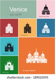 Landmarks of Venice. Set of flat color icons in Metro style. Editable vector illustration.