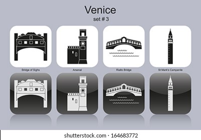 Landmarks of Venice. Set of monochrome icons. Editable vector illustration.