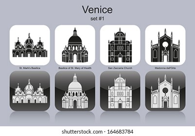 Landmarks of Venice. Set of monochrome icons. Editable vector illustration.