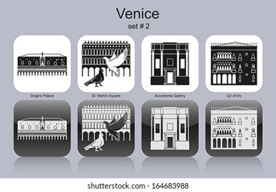 Landmarks of Venice. Set of monochrome icons. Editable vector illustration.