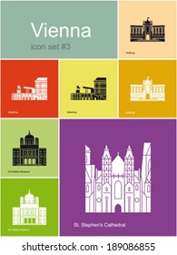 Landmarks of Vienna. Set of flat color icons in Metro style. Editable vector illustration.