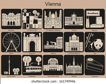 Landmarks of Vienna. Set of monochrome icons. Editable vector illustration.