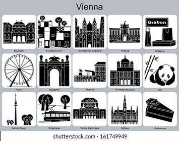 Landmarks of Vienna. Set of monochrome icons. Editable vector illustration.