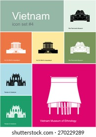 Landmarks of Vietnam. Set of color icons in Metro style. Editable vector illustration.