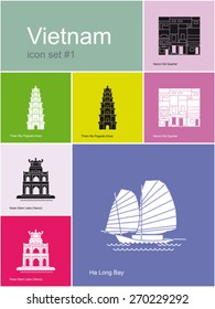 Landmarks of Vietnam. Set of color icons in Metro style. Editable vector illustration.