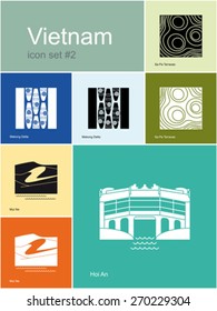 Landmarks of Vietnam. Set of color icons in Metro style. Editable vector illustration.