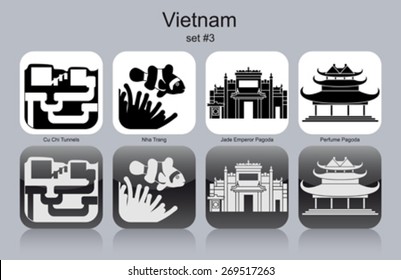 Landmarks of Vietnam. Set of monochrome icons. Editable vector illustration.