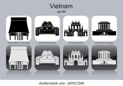 Landmarks of Vietnam. Set of monochrome icons. Editable vector illustration.