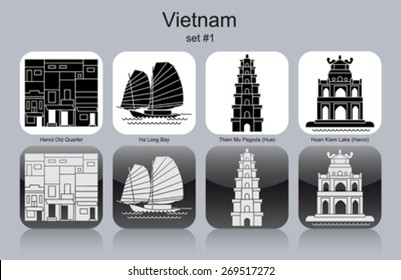 Landmarks of Vietnam. Set of monochrome icons. Editable vector illustration.