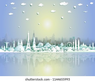 Landmarks of the world with city and seascape background, Travel around the world to France,England,Spain,Italy,Egypt,America,Europe and Asia with paper cut and  style for travel poster and postcard.