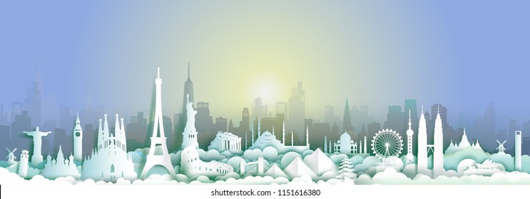 Landmarks of the world with city and sunset background, Travel around the world to France,England,Spain,Italy,Egypt,America,Europe and Asia with paper cut and  style for travel poster and postcard.