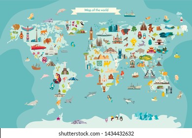 Landmarks World Map Vector Cartoon Illustration. Cartoon Globe Vector Illustration.Oceans And Continent: South America, Eurasia, North America, Africa, Australia