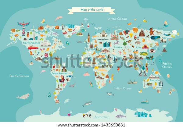 Landmarks world map\
vector cartoon\
illustration