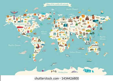 Ilustración de gráficos vectoriales del mapa mundial de monumentos. Dibujo vectorial del globo de caricatura. monumentos, signos, animales de países y continentes. Mapa abstracto para el aprendizaje. Cartel, foto, tarjeta