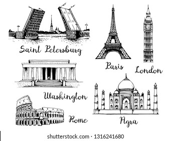 Landmarks of the world. Palace Bridge and Peter and Paul Fortress in Russia, Eiffel Tower in France, Elizabeth Tower (Big Ben) in England, White House and Lincoln Memorial in USA, Taj Mahal in India