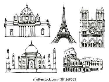 Landmarks of the world. Saint Isaac's Cathedral in Russia, Eiffel Tower and Notre Dame de Paris Cathedral in France, Taj Mahal in India, Coliseum in Italy. Vector illustration on white background