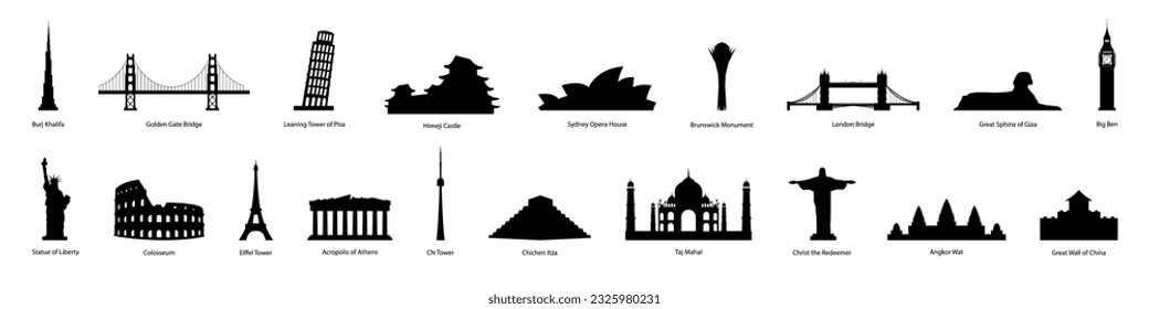 Landmarks of the world. Set of landmarks silhouettes. Vector