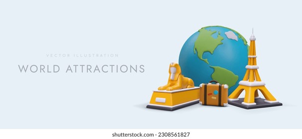 Landmarks of world. Travels around globe. Colorful advertising poster template in cartoon style. Tourist services. Vector concept with realistic illustration and place for promotional offer