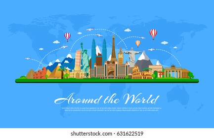 Landmarks of the world. Web banner on the theme of travel. Vector illustration.