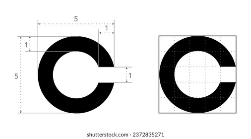 Ilustración médica del anillo roto del Landolt C Eye Test Chart. Línea de prueba de visión japonesa, letra vectorial, esquema de esbozo de estilo aislado en fondo blanco. Prueba oftálmica optometrista de la placa de ensayo de visión