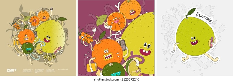 Landsat, pummelo, orange. Fruit Mix.  Set of vector illustrations. Doodle style. Painted, colorful fruit with outlining. Sticker, poster , background image for label.