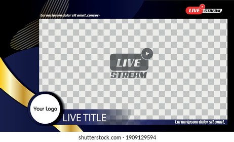 landscape 16:9 frame template for live video streaming or video edit with blue-black and gold theme