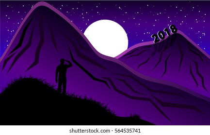 Landscape 2018 year.Man sees.Purple night in mountains