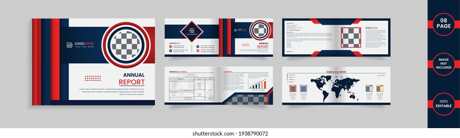 Landscape 8 page brochure design template with deep blue and red gradient color abstract shapes and information.	