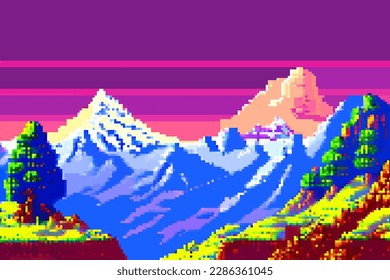 Landscape 8bit pixel art. Summer natural landscape mountain scenery arcade video game background
