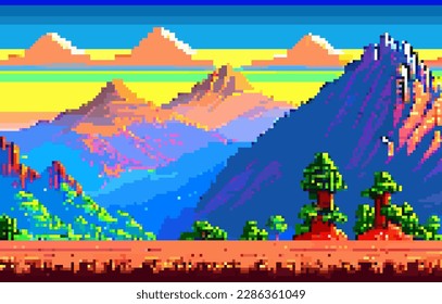 Landscape 8bit pixel art. Summer natural landscape mountain scenery arcade video game background