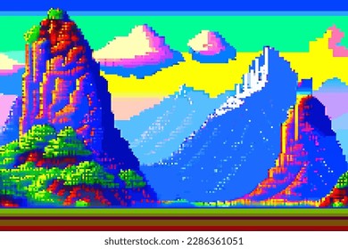 Landscape 8bit pixel art. Summer natural landscape mountain scenery arcade video game background