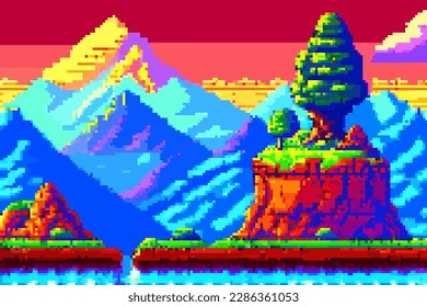 Landscape 8bit pixel art. Summer natural landscape mountain scenery arcade video game background