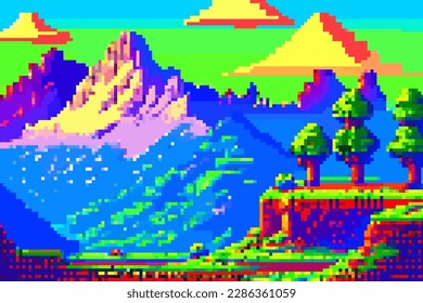 Landscape 8bit pixel art. Summer natural landscape mountain scenery arcade video game background