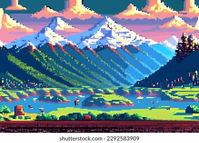 Landscape 8bit pixel art. Summer natural landscape mountain scenery arcade video game background