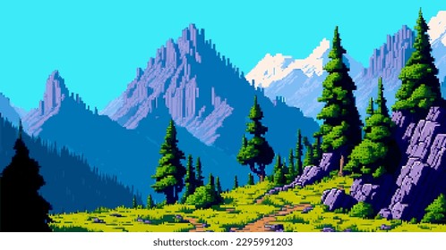 Landscape 8bit pixel art. Summer natural landscape mountain scenery arcade video game background