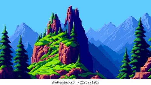 Landscape 8bit pixel art. Summer natural landscape mountain scenery arcade video game background