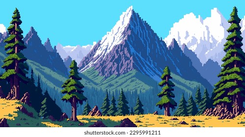 Landscape 8bit pixel art. Summer natural landscape mountain scenery arcade video game background