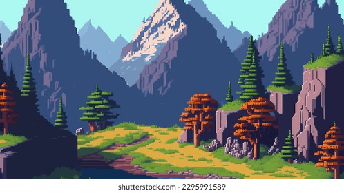 Landscape 8bit pixel art. Summer natural landscape mountain scenery arcade video game background