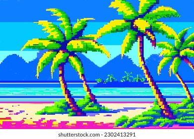 Landscape 8bit pixel art. Summer natural landscape. Summer ocean beach, scenery arcade video game background