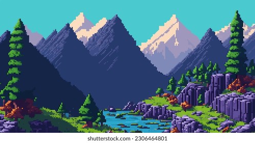 Landscape 8-bit pixel art. Summer natural landscape mountain scenery arcade video game background