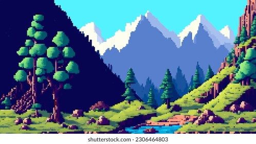 Landscape 8-bit pixel art. Summer natural landscape mountain scenery arcade video game background