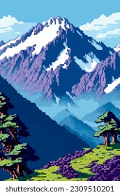 Landscape 8bit pixel art. Summer natural landscape mountain scenery arcade video game background