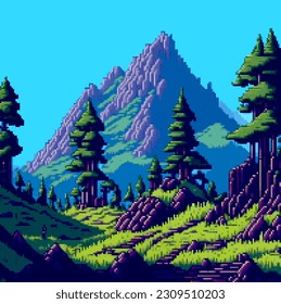 Landscape 8bit pixel art. Summer natural landscape mountain scenery arcade video game background