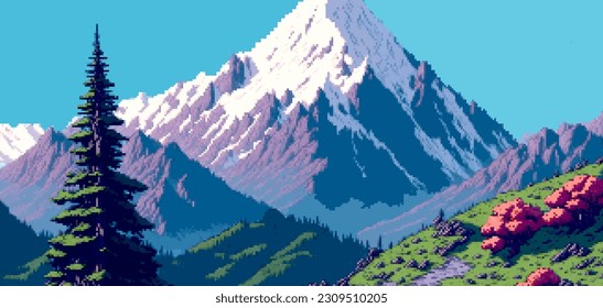 Landscape 8bit pixel art. Summer natural landscape mountain scenery arcade video game background