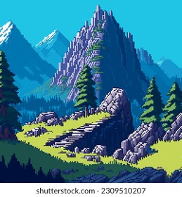 Landscape 8bit pixel art. Summer natural landscape mountain scenery arcade video game background