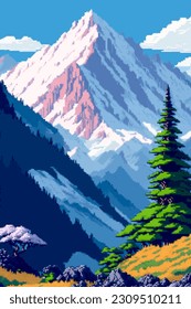 Paisaje arte de 8 bits píxel. Entorno natural de verano paisaje montañoso arcade de fondo de videojuegos