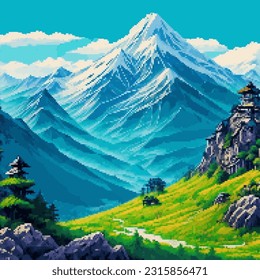 Landscape 8bit pixel art. Summer natural landscape mountain scenery arcade video game background