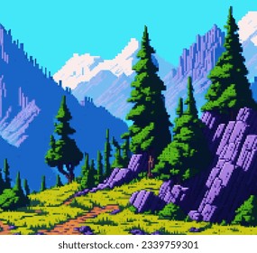 Landscape 8-bit pixel art. Summer natural landscape mountain scenery arcade video game background