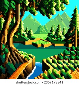 Landscape 8Bit Pixelkunst. Sommernatürliche Landschaftslandschaft, Arcade-Spielhintergrund